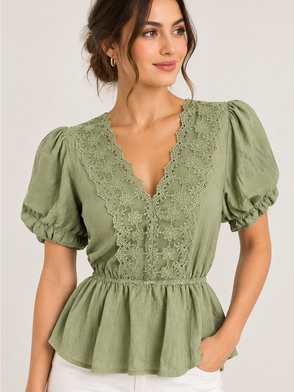 Lace Trim Olive Green Peplum Puff Sleeve Blouse